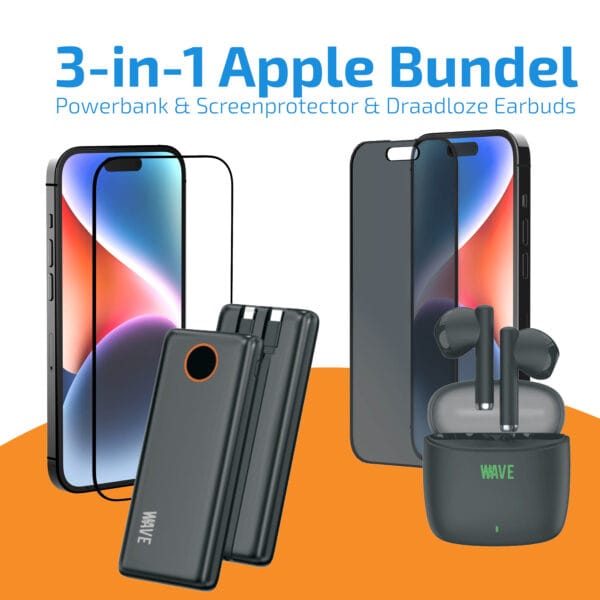 3-in-1 Apple Bundel: Powerbank 10000 mAh & Magic Screenprotector (Privacy/Normaal) & Draadloze Earbuds