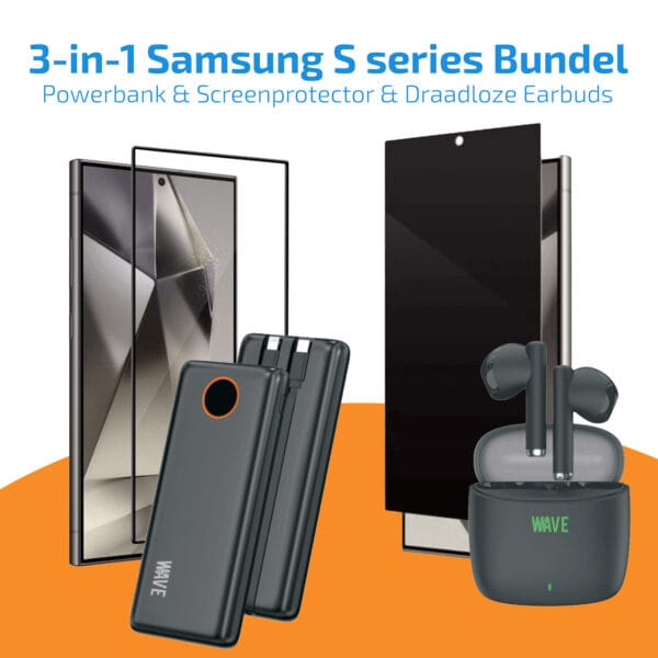 3-in-1 Samsung S Series Bundel: Powerbank 10000 mAh & Screenprotector (Privacy/Normaal) & Draadloze Earbuds