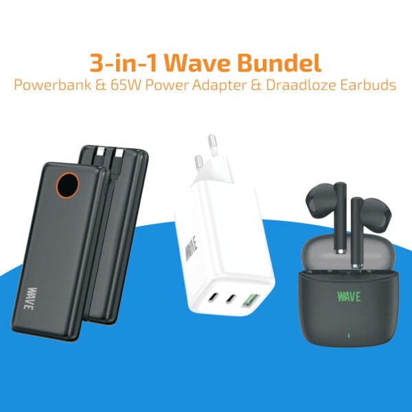 3-in-1 Wave Bundel: 65W Power Adapter (USB-C - USB-A) & Draadloze Earbuds & 10000 mAh Powerbank